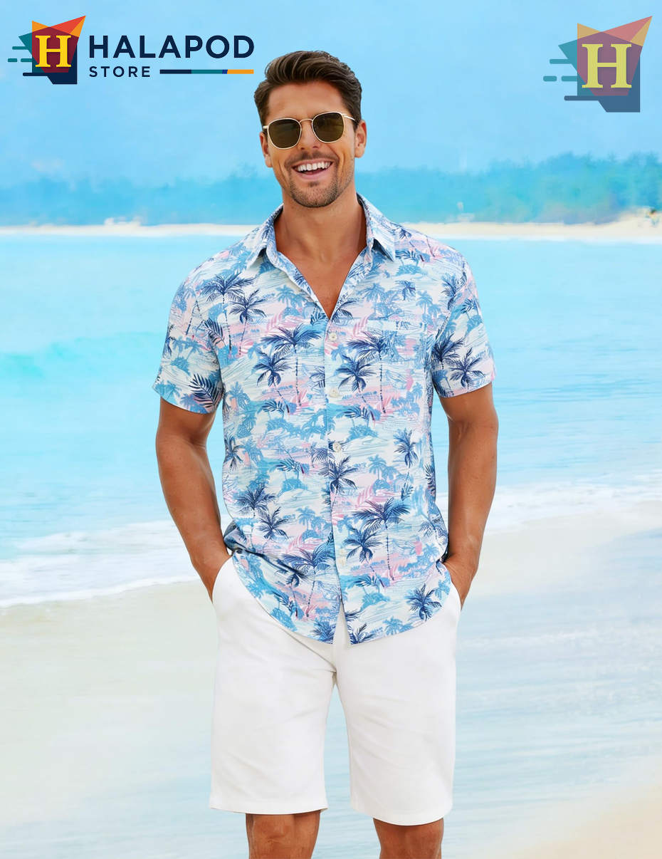 White Palm Tree Hawaiian Shirt Summer Casual Beach Tropical Outfits Shirt