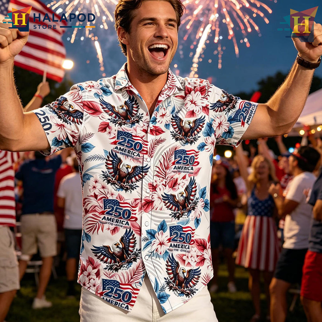 White Patriotic 250th Hawaiian Shirt 2026 America Fathers Independence Gear