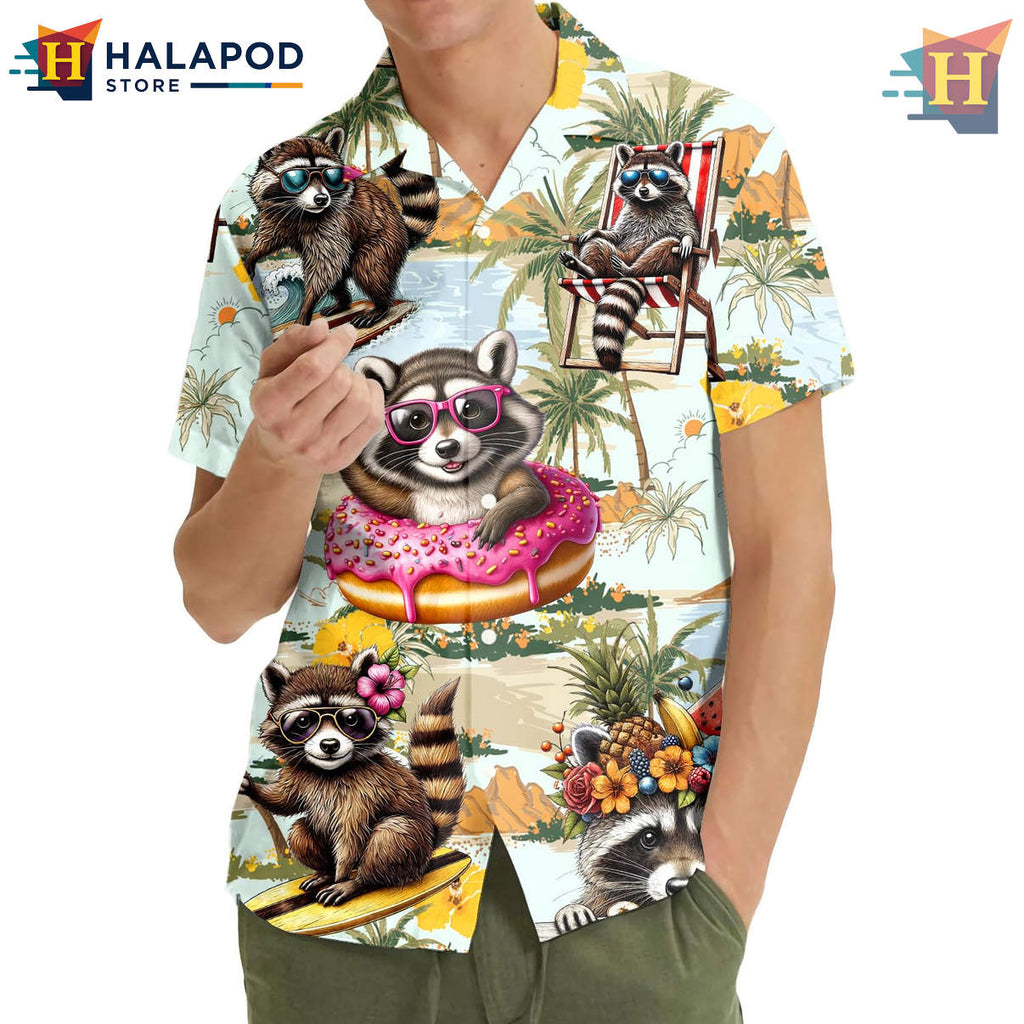 White Raccoon Beach Hawaiian Shirt 2026 Tropical Summer Casual Mens Fan Apparel