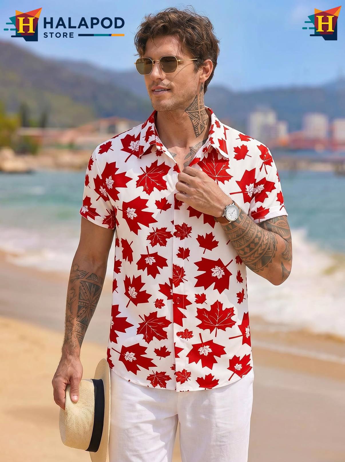 White Red Maple Short-sleeve button-up shirt Mens Tropical Beach Button Down Short Sleeve