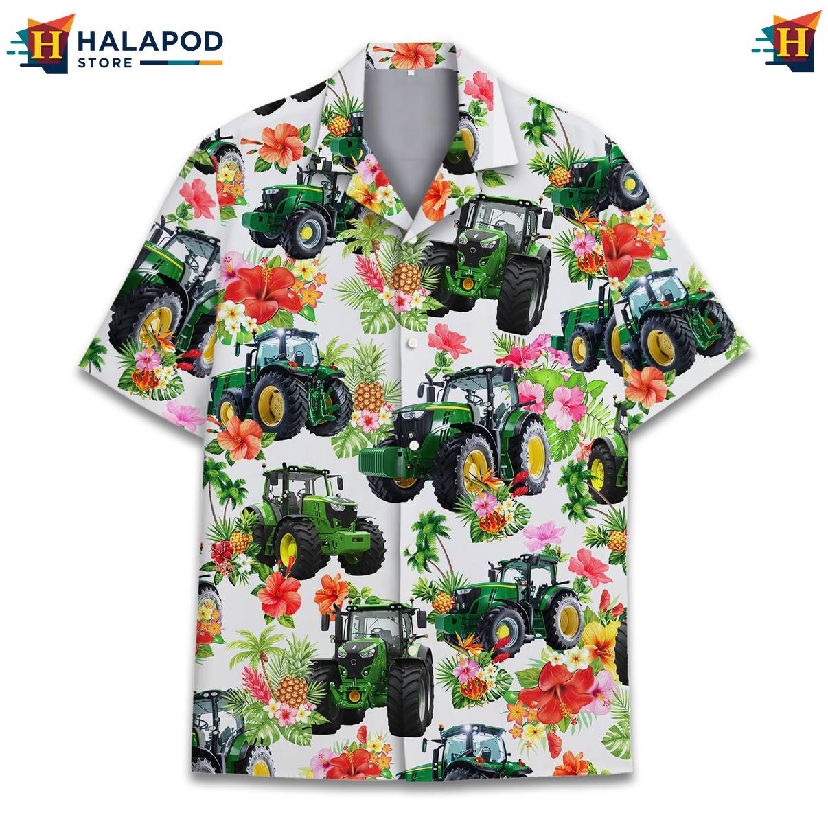 White Tractor Funny Hawaiian Shirt Alien UFO Short Sleeve Button Down Mens