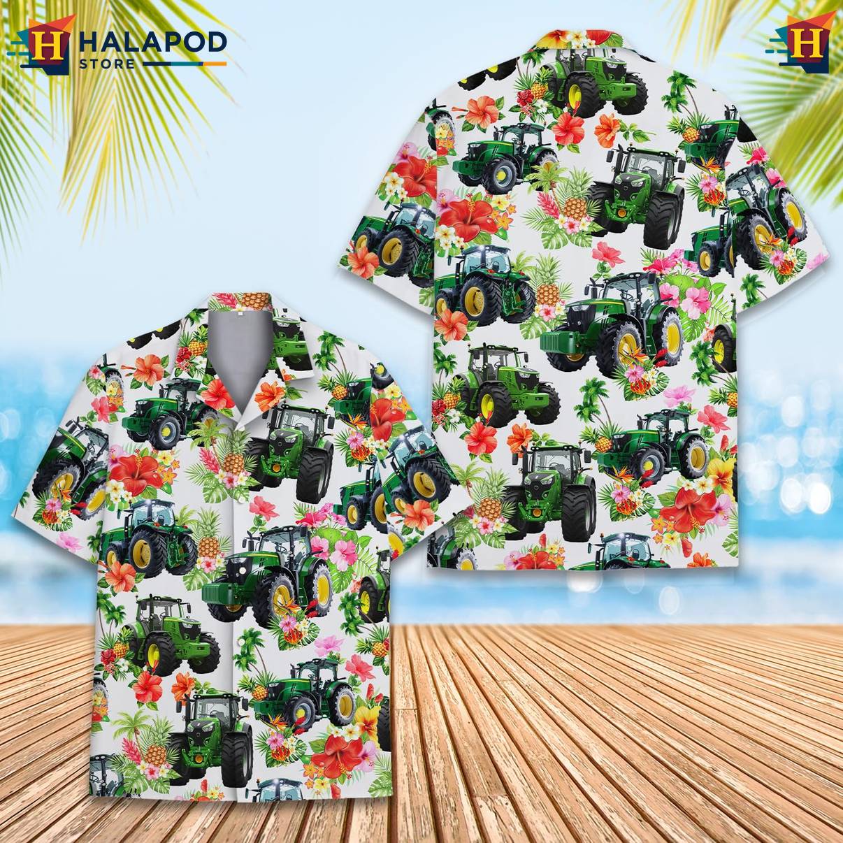 White Tractor Funny Aloha Shirt Alien UFO Short Sleeve Button Down Mens