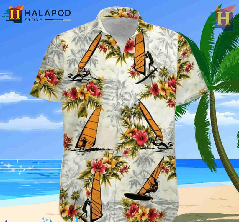Windsurfing Yellow Floral Mens Funny Hawaiian Shirt Sporty Tropical Fun