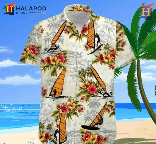 Windsurfing Yellow Floral Mens Funny Hawaiian Shirt Sporty Tropical Fun