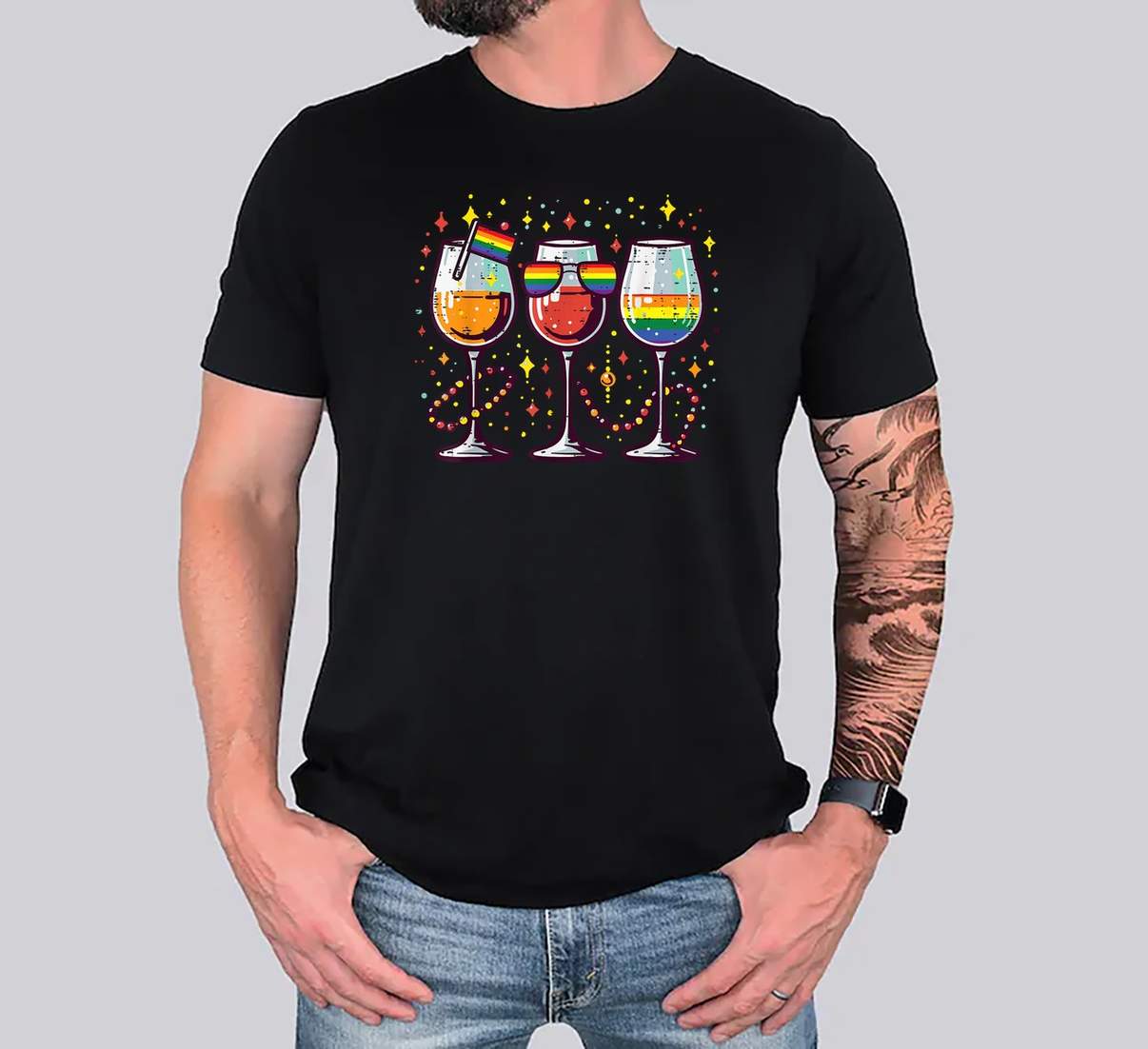 Wine Glasses LGBTQ Ally TShirt Gay Pride Month Rainbow Funny Graphic For Womens