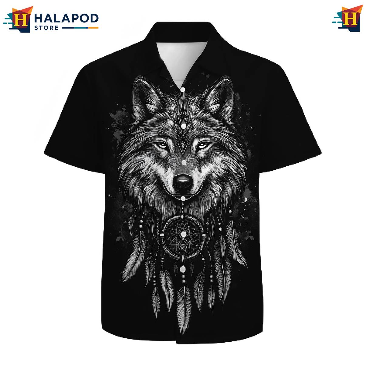 Wolf Print Tropical Hawaiian Shirt Mens Short Sleeve Floral Button Down Tops