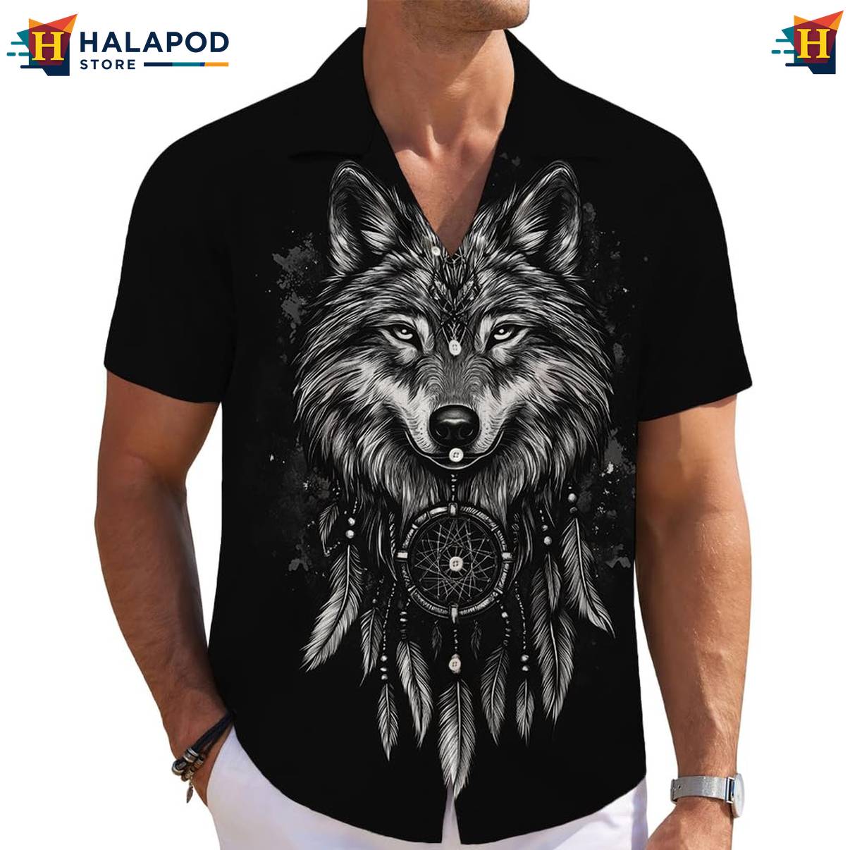 Wolf Print Tropical Short-sleeve button-up shirt Mens Short Sleeve Floral Button Down Tops