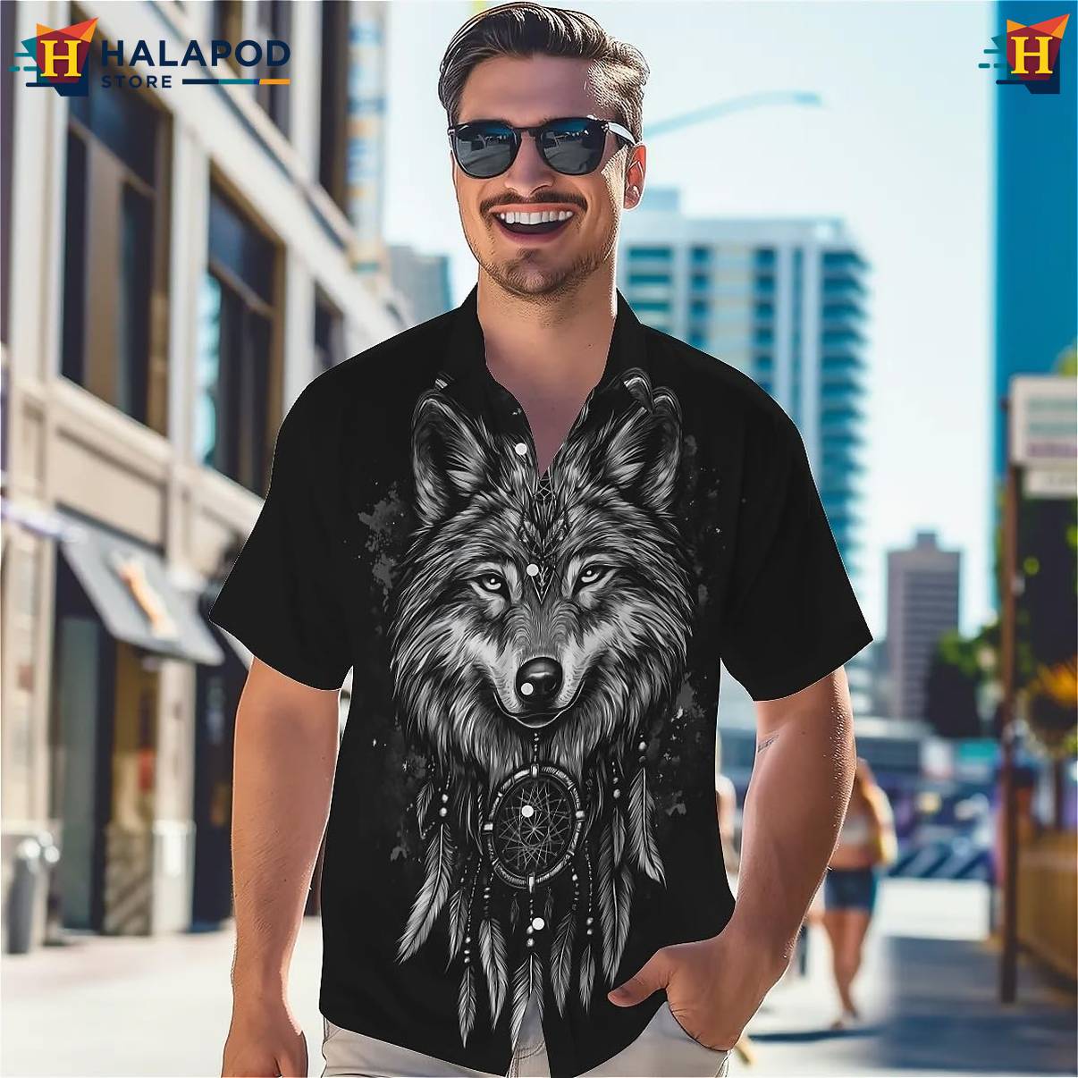 Wolf Print Tropical Tropical Shirt Mens Short Sleeve Floral Button Down Tops