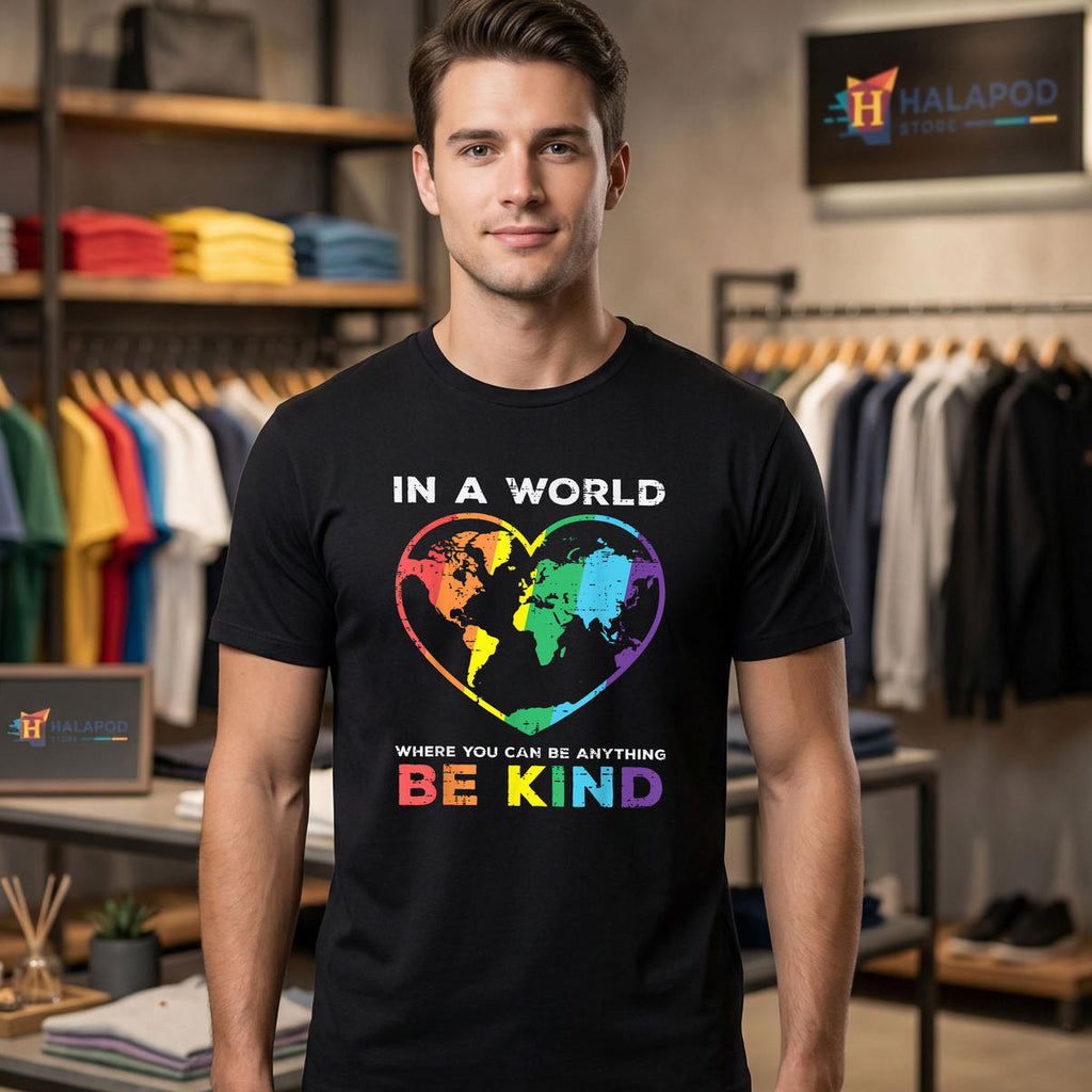 World Map Heart Be Kind Rainbow Gay Shirt 2026 LGBTQ Pride Men Women Apparel