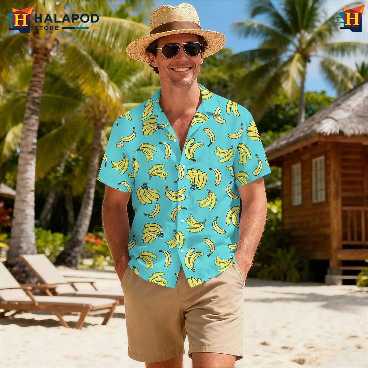 Yellow Banana Print Short-sleeve button-up shirt Tropical Short Sleeve Button Down Top
