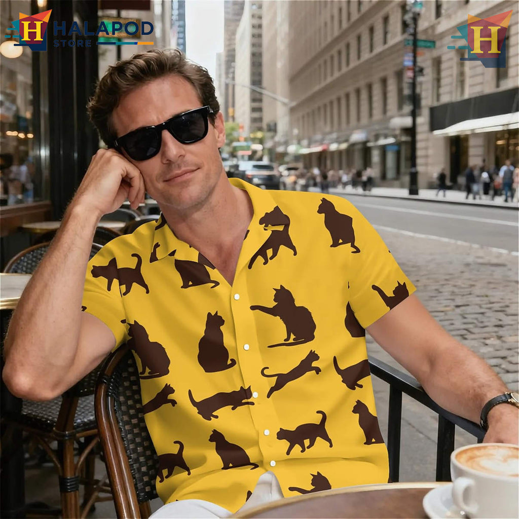 Yellow Cat Hawaiian Shirt Funny Graphic Tropical Holiday Summer Beach Shirt