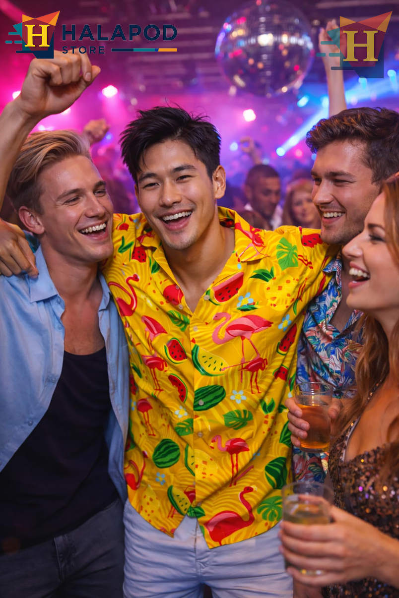 Yellow Flamingo Melon Hawaiian Shirt Tropical Summer Beach Casual Mens Shirt