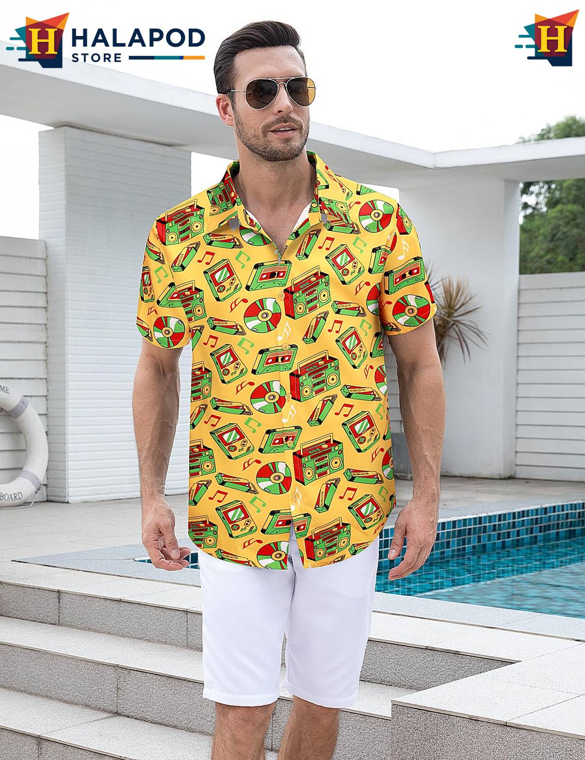 Yellow Tropical Short-sleeve button-up shirt Mens Aloha Beach Button Down Short Sleeve