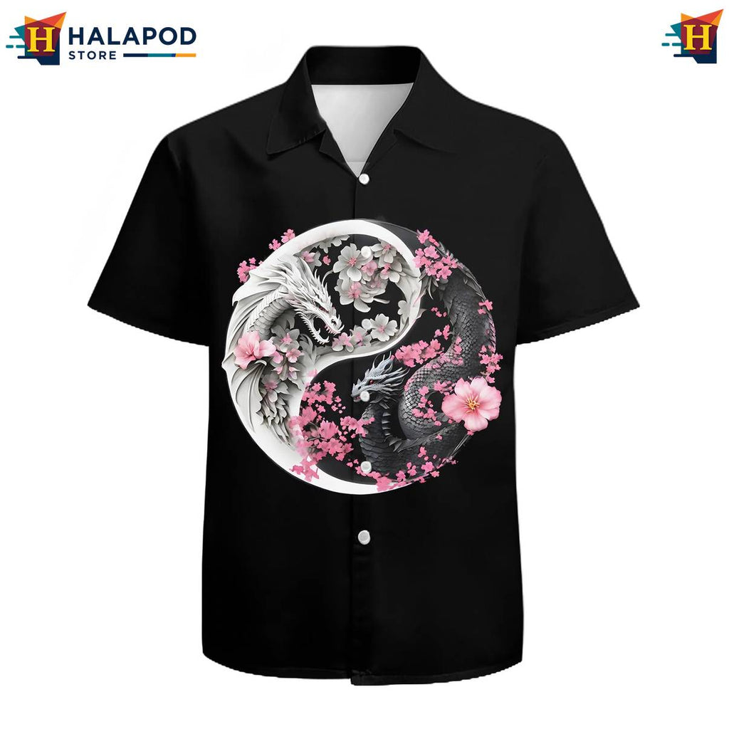 Ying Yang Dragon Hawaiian Shirt Mens Short Sleeve Floral Button Down Tops