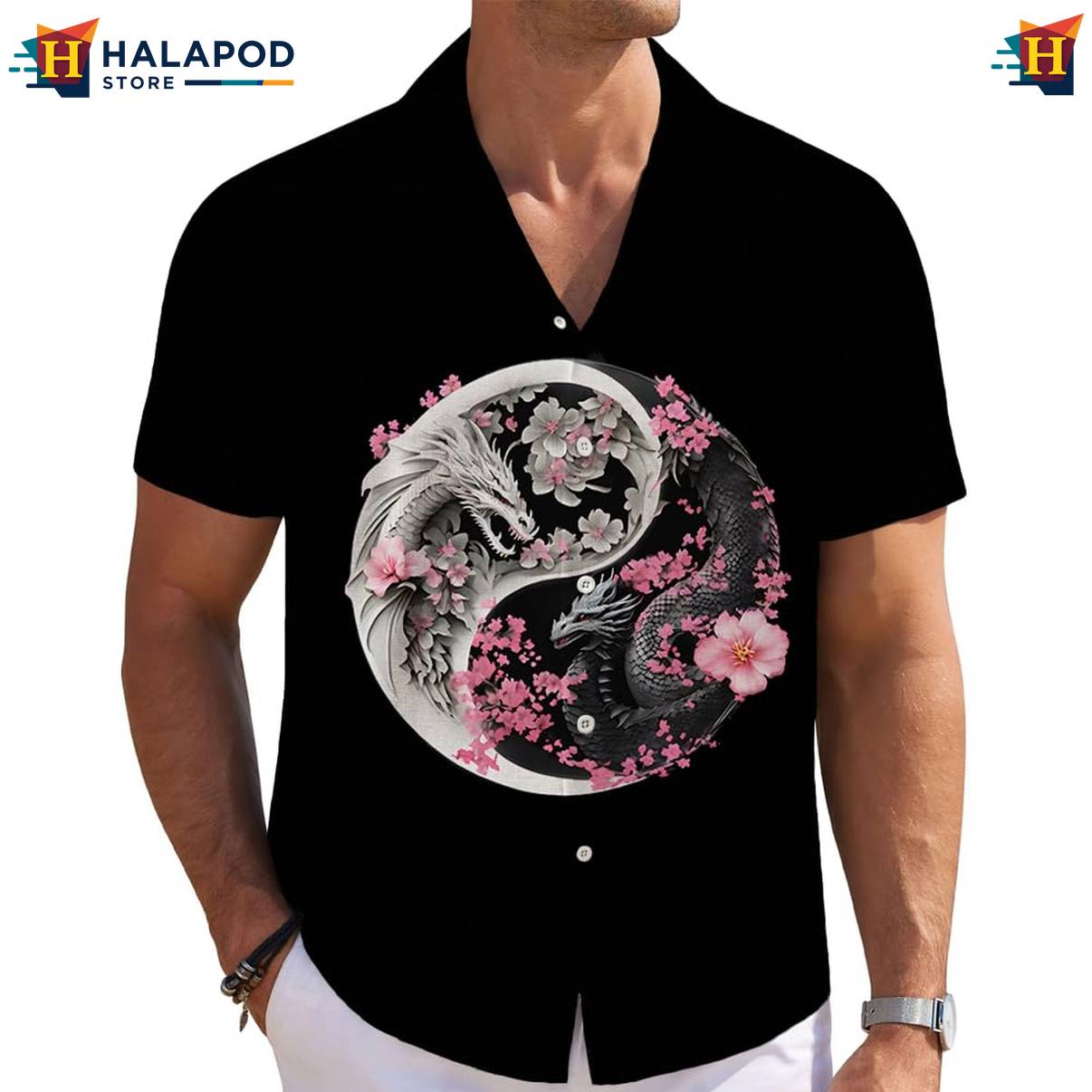 Ying Yang Dragon Short-sleeve button-up shirt Mens Short Sleeve Floral Button Down Tops