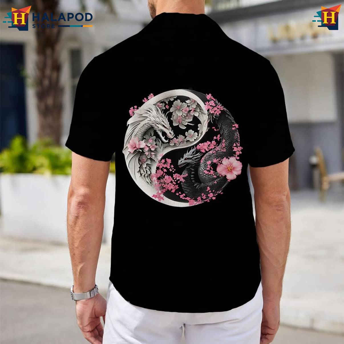 Ying Yang Dragon Aloha Shirt Mens Short Sleeve Floral Button Down Tops
